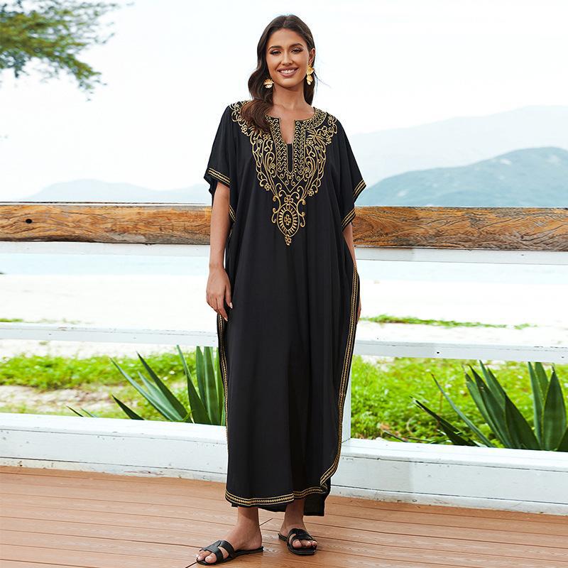 Rayon Embroidery Beach Cover up Embroidered Robe- Loose Vacation Sunscreen Beach Cover Up