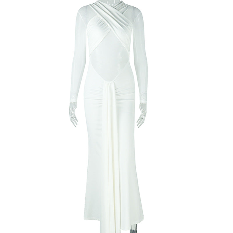 Elegant Simple Women Clothing Sexy Slim Hip Micro Transparent One Step Solid Color Pleated Wrapped Chest Length Dress