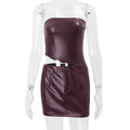 Women Clothing Fall Sexy Faux Leather Tube Top Irregular Asymmetric Top Hip Skirt Set