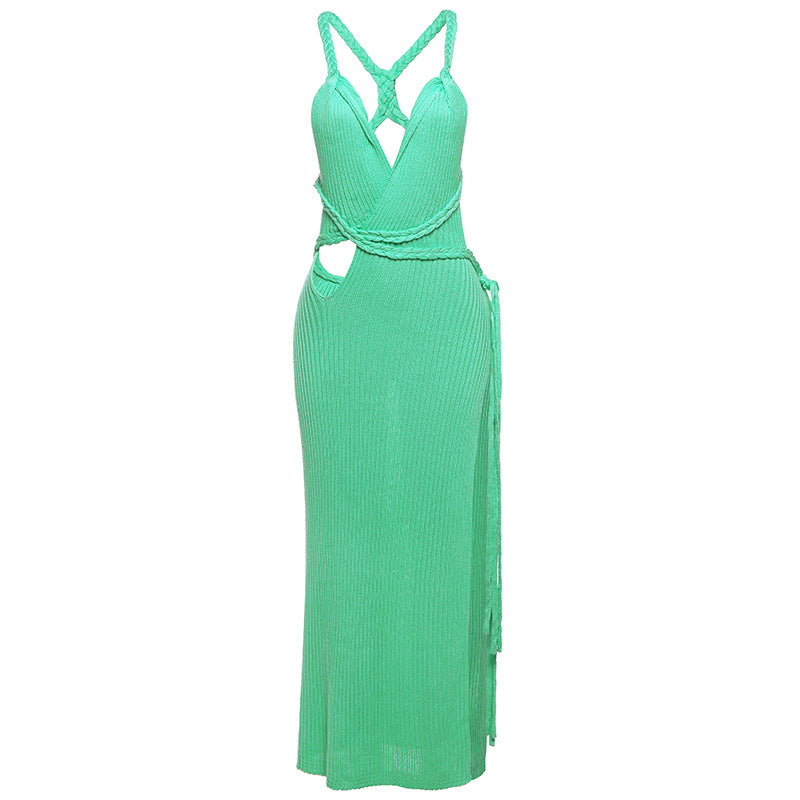 Women Clothing Summer Sexy Solid Color V neck Hollow Out Cutout Slim Knit Tassel Side Split Dress