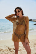 Brown Knitted Beach Cover up Sexy Cutout Slightly Transparent Seaside Sun Protection Shirt Beach Cover Up