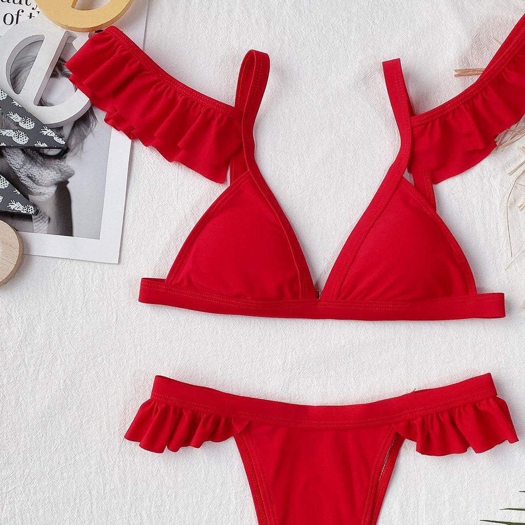 Outer Single Swimsuit Solid Color Lotus Sleeve Women Seperated Swimwear Swimsuit