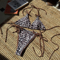 Sexy Lace up Leopard Print Color Matching Split Swimwear Swimsuit Bikini