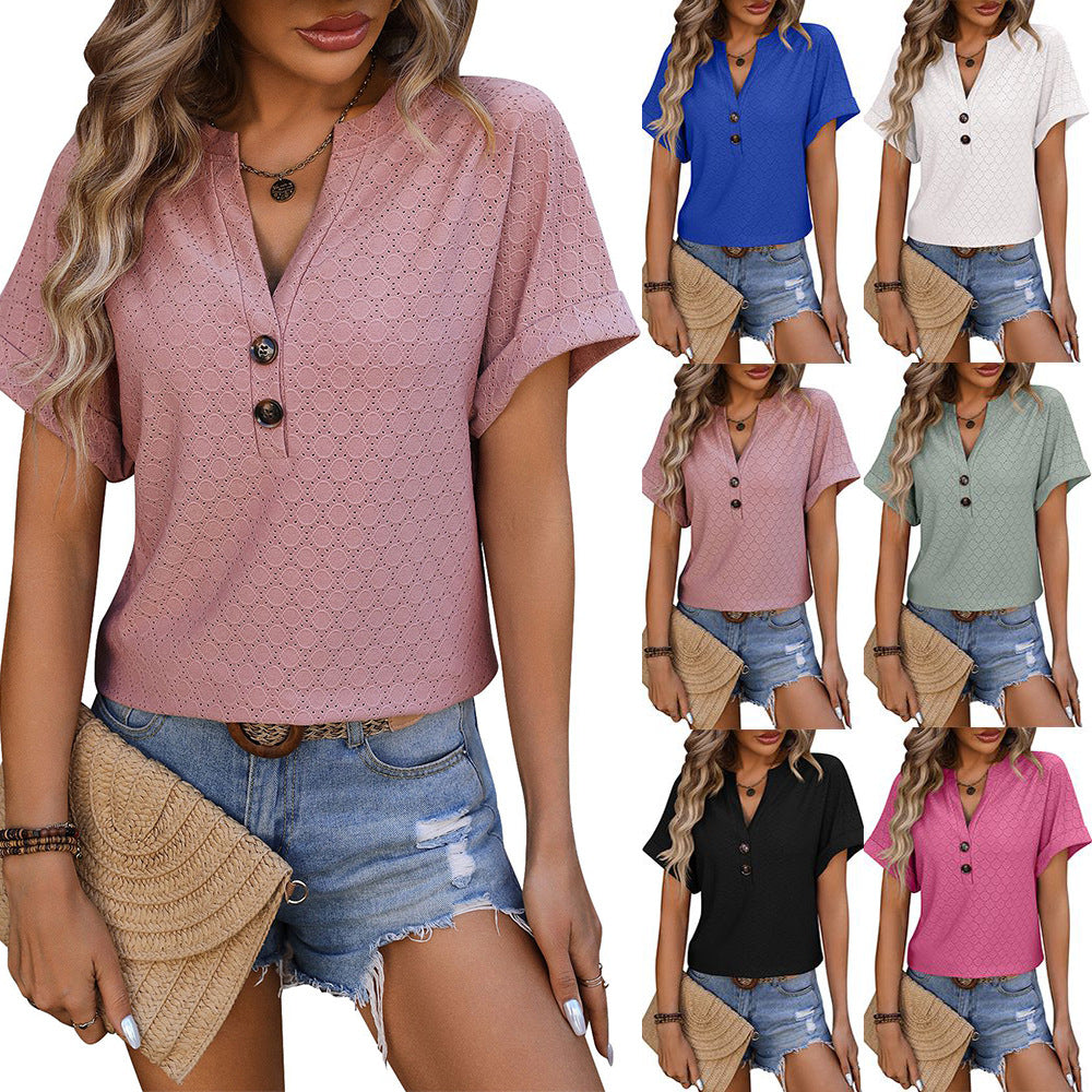 Spring Summer V neck Button Solid Color Polka Dot Loose Short Sleeve T shirt for Women