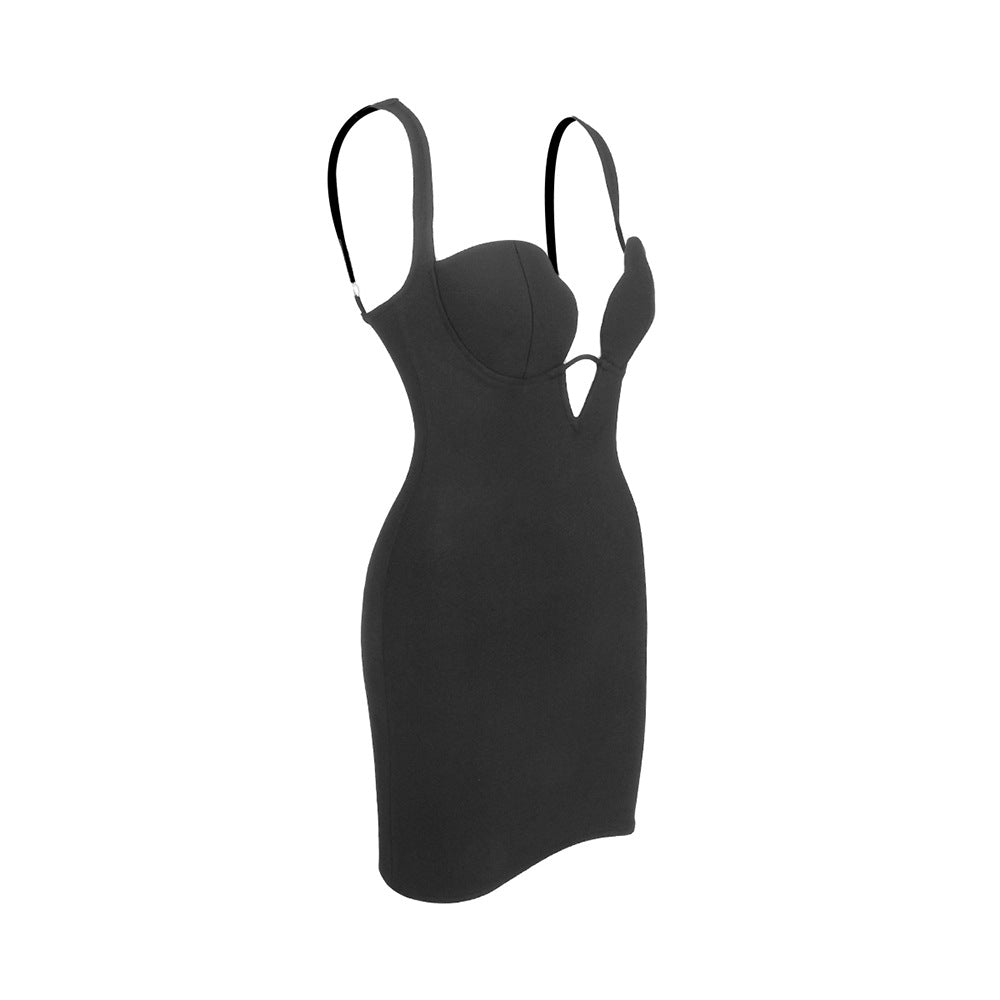 Sexy V neck Strap Zipper Furcal Lower Hem Dress Nightclub Black French Dress