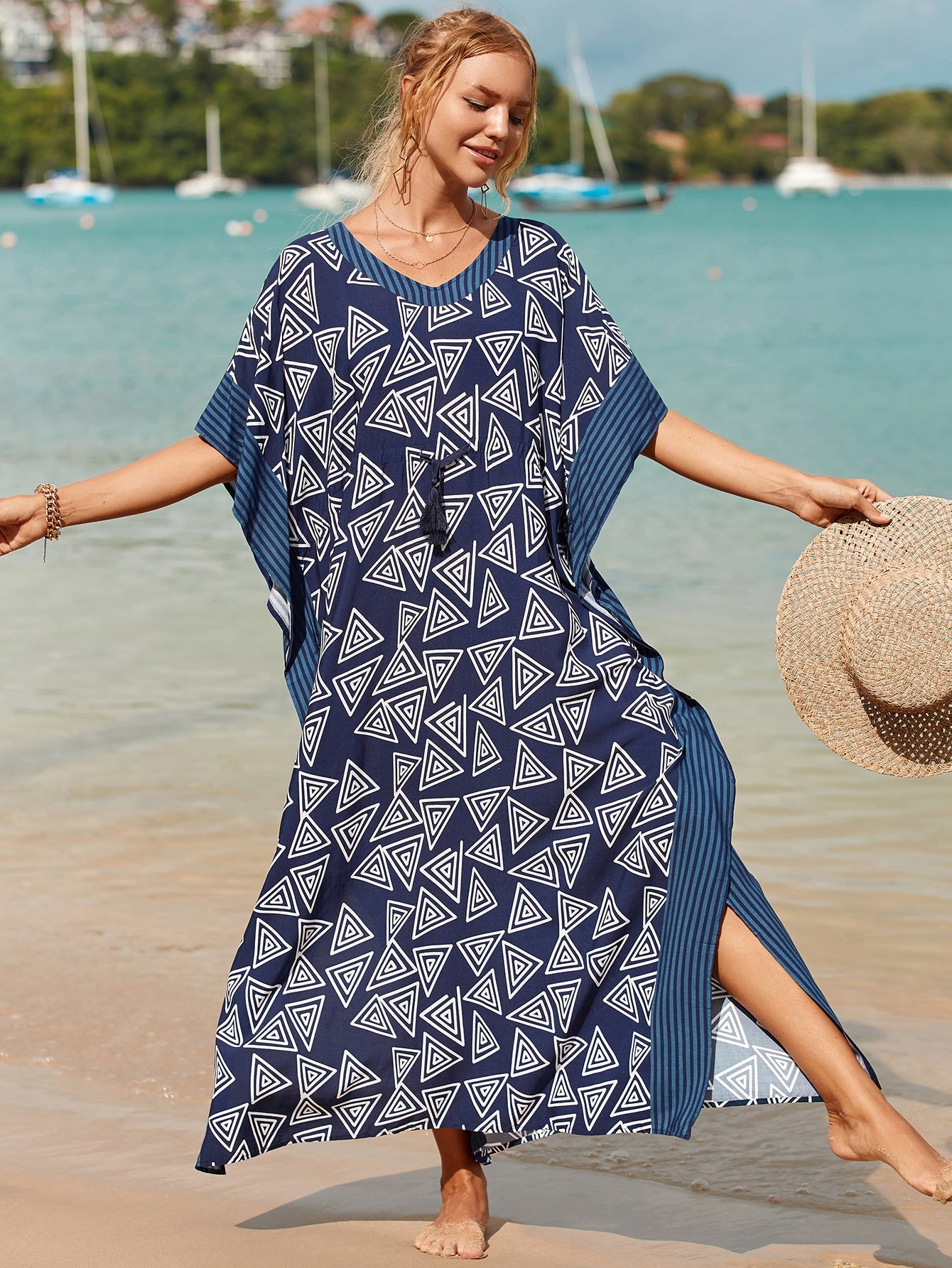 Printed Pull Belt Robe Vacation Casual Beach Bikini Cover
