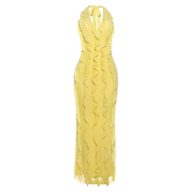 Women Clothing Fashionable Temperamental All Match Solid Color Deep V Plunge Sexy Halter Backless Sling Dress