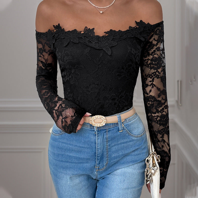 Fall Women Clothing Lace Stitching Long Sleeve Black Jumpsuit