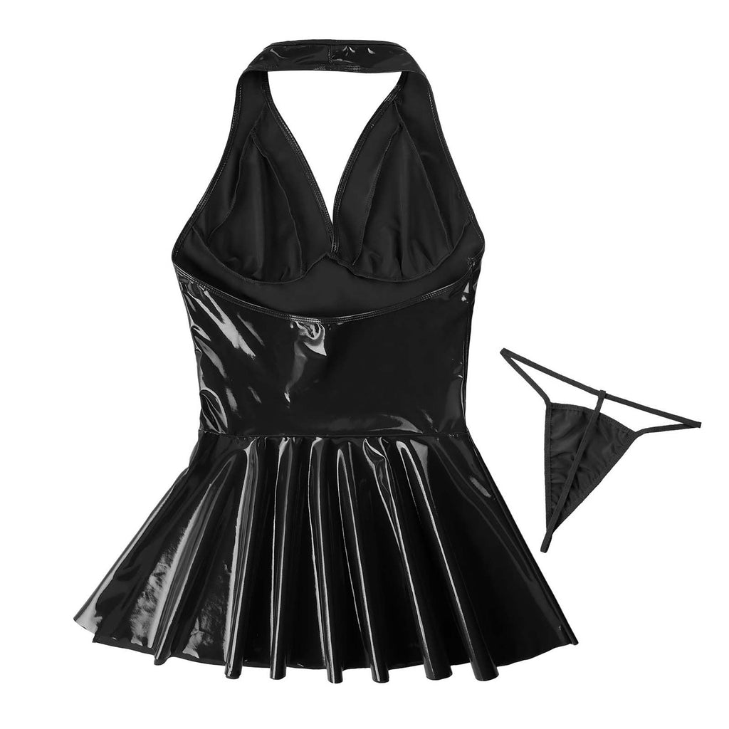 Sexy Backless Imitation Faux Leather Skirt Sexy Suit