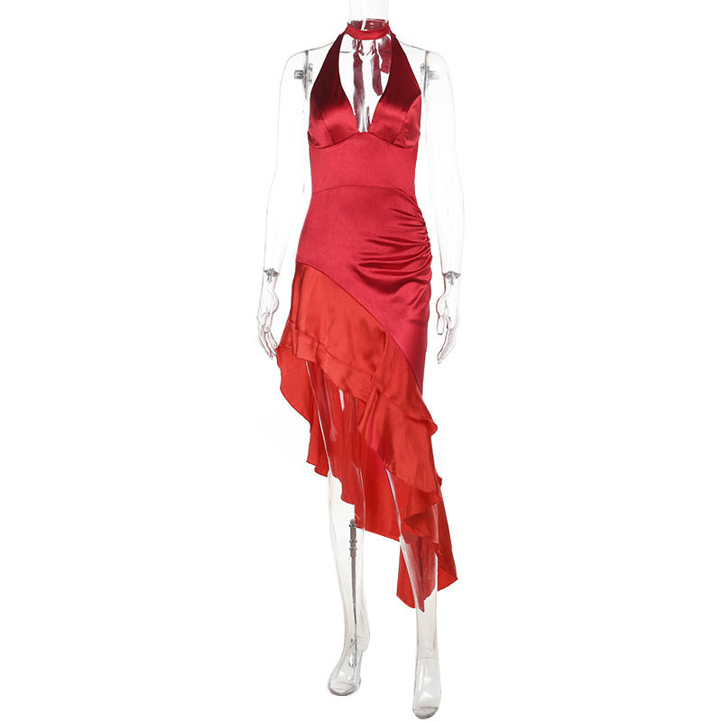 Solid Color Satin V neck Flounce Decorative Waist Hem Halter Dress