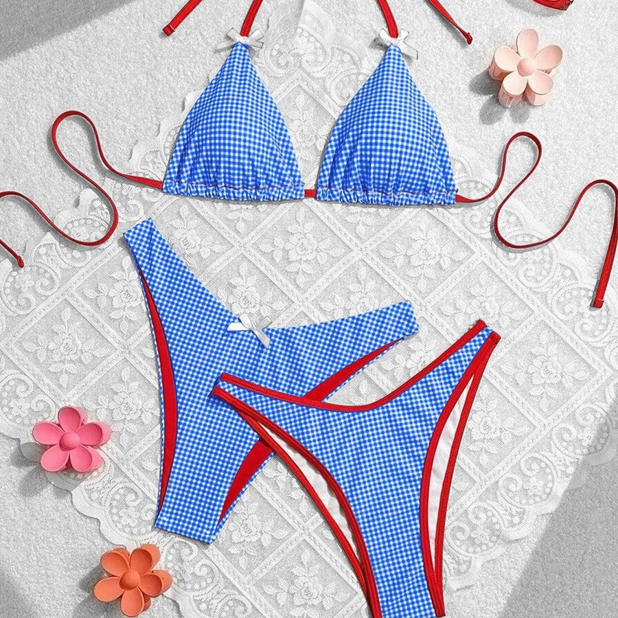 Summer Sweet Bow Floral Plaid Women Split Vacation Swimsuit Bikini