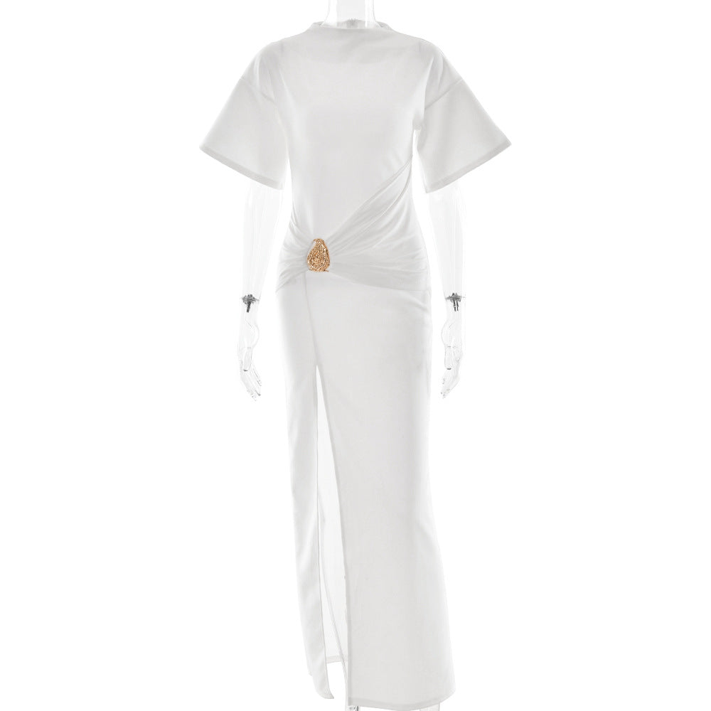 Arrival Pleated round Neck Dress Women Sexy High Split Hip Bag Dress