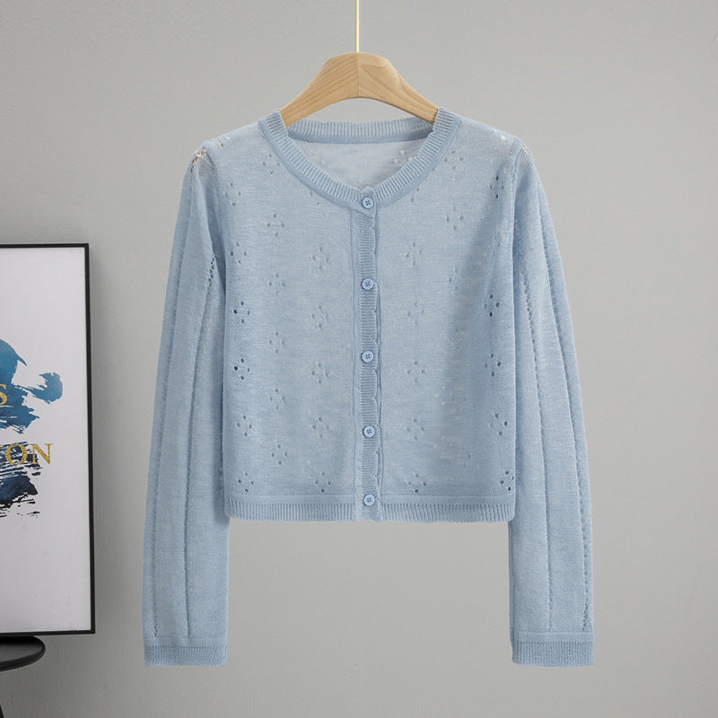All Matching Hollow Out Cutout Sun Protection Short Knitted Cardigan Women Summer Figure Flattering Outerwear Top