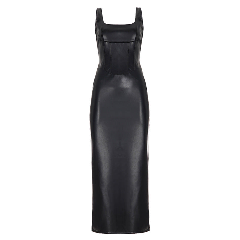 Women Clothing Square Collar Low Cut Drawstring Slim Fit Leather Dress Sexy Sheath Split Dress