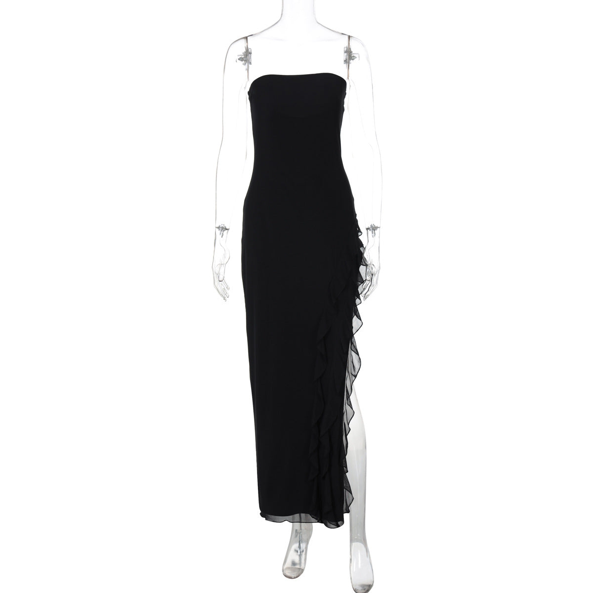 Women Clothing Summer Solid Color Ruffles Sexy Slit Tube Top Dress Hair