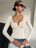 Fall Half Open U Collar Sweater Long Sleeve Button Elegant Slim Fit Slimming Top
