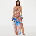 Women Clothing Diagonal Collar Hollow Out Cutout out See through Mesh Floral Print Dress