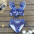 High Waist Lace Up Printed Split Swimsuit Women Bikini Skirt Three Piece Ruffled