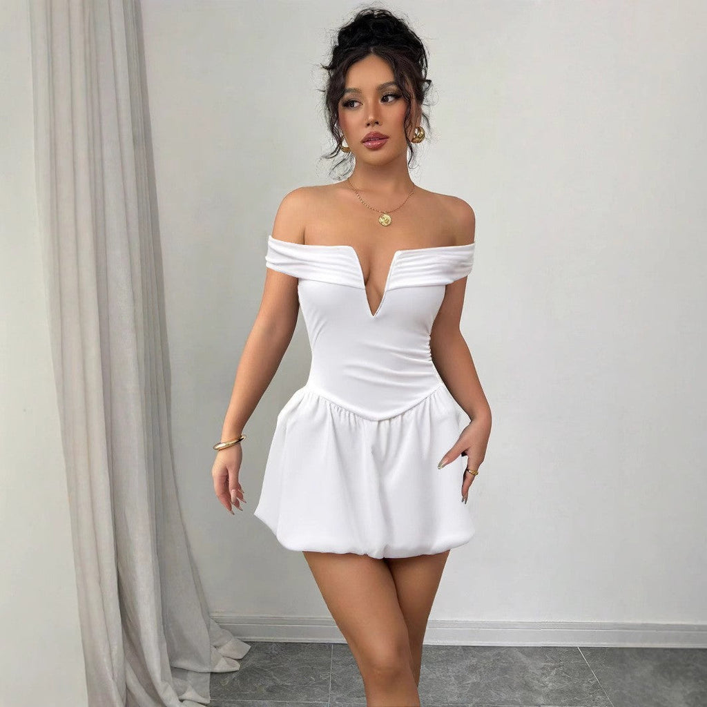 Summer off Shoulder Deep V Plunge neck Dress Arrival Pleated Raglan Sleeve Sexy Backless Dress