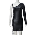 Women Clothing Dress Diagonal Collar Ribbon Hollow Out Cutout out Strap Single Side Long Sleeve Pullover Hip for Women