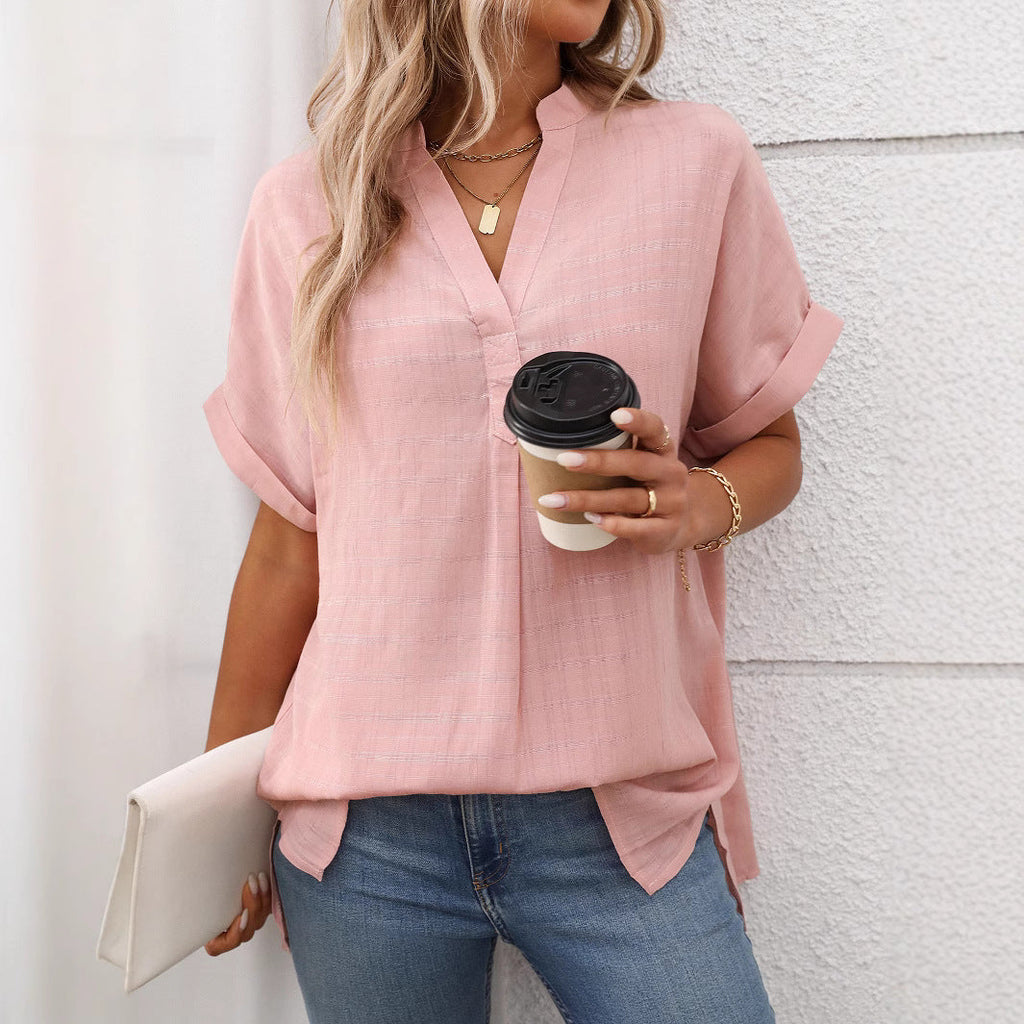 Summer Women V neck Short Sleeve Striped Loose Plaid Shirt