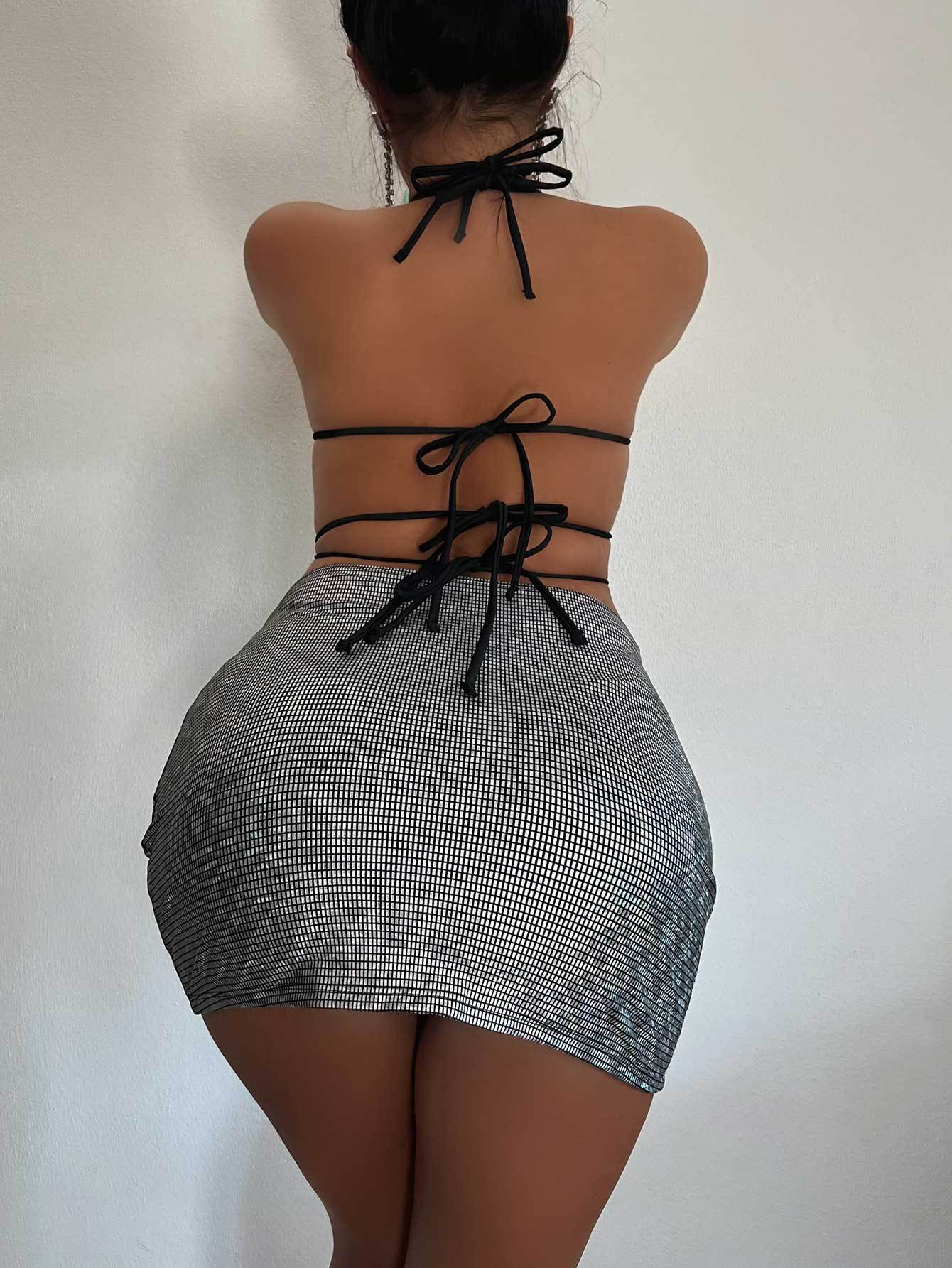 Sexy Lace up Bra Top with Shorts Skirt Outfit Ladies Three Piece Set Casual Suit