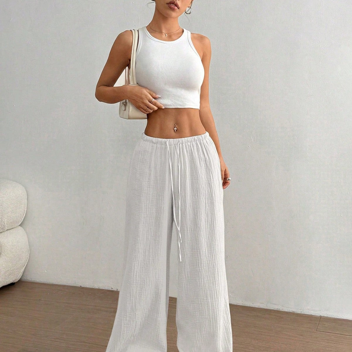 Pure Cotton Casual Solid Color Loose Wide Leg Draggle Tail Trousers
