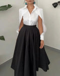Ladies Collared Long Sleeve Hollow Out Cutout Solid Color Dress Two Piece Sets