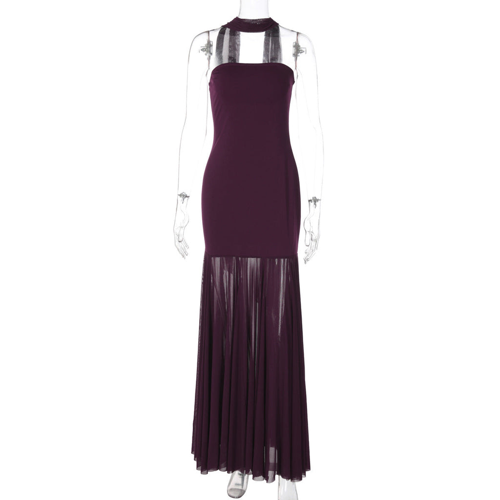Women Clothing Autumn Winter Sexy Mesh Stitching Tube Top Evening Maxi Dress Women