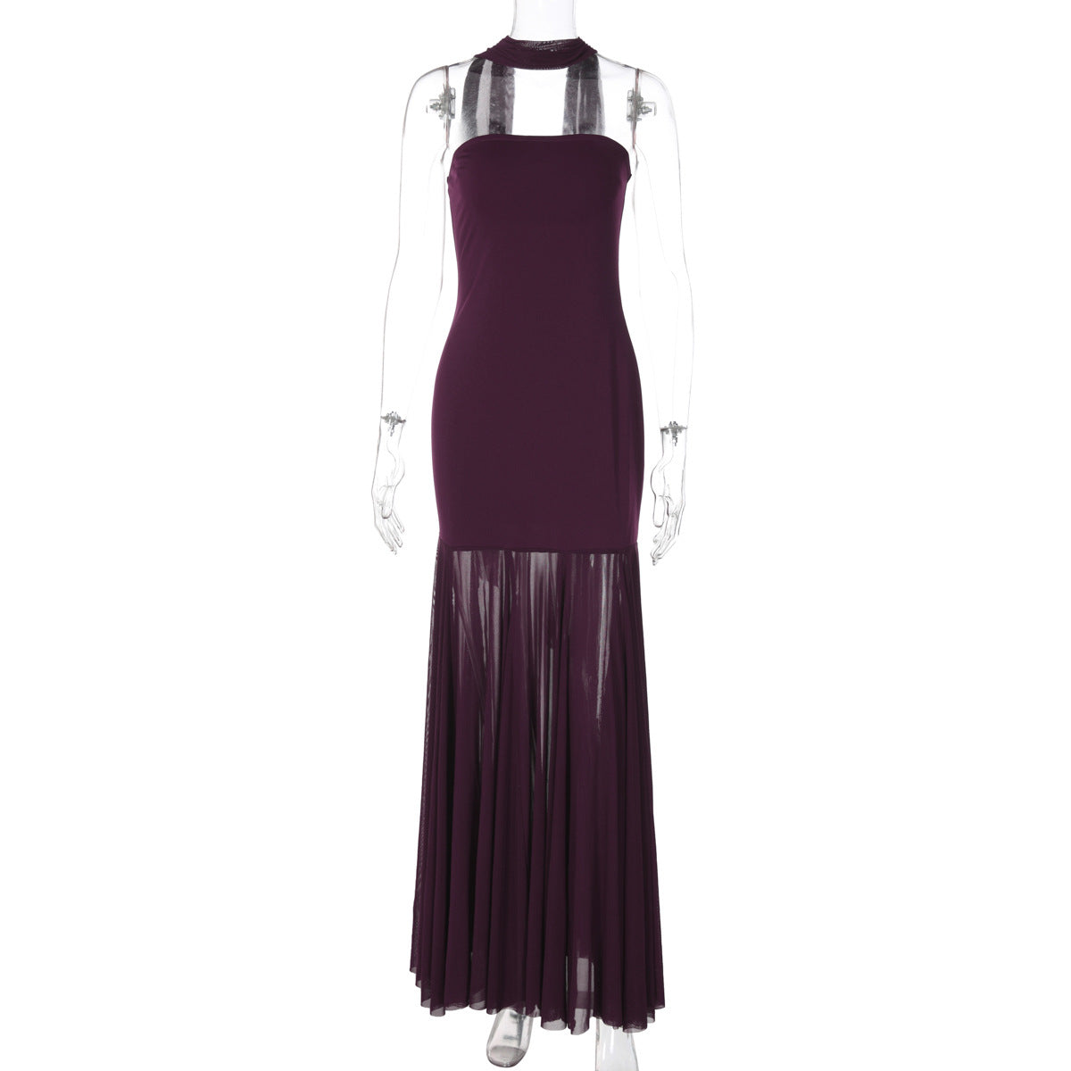 Women Clothing Autumn Winter Sexy Mesh Stitching Tube Top Evening Maxi Dress Women