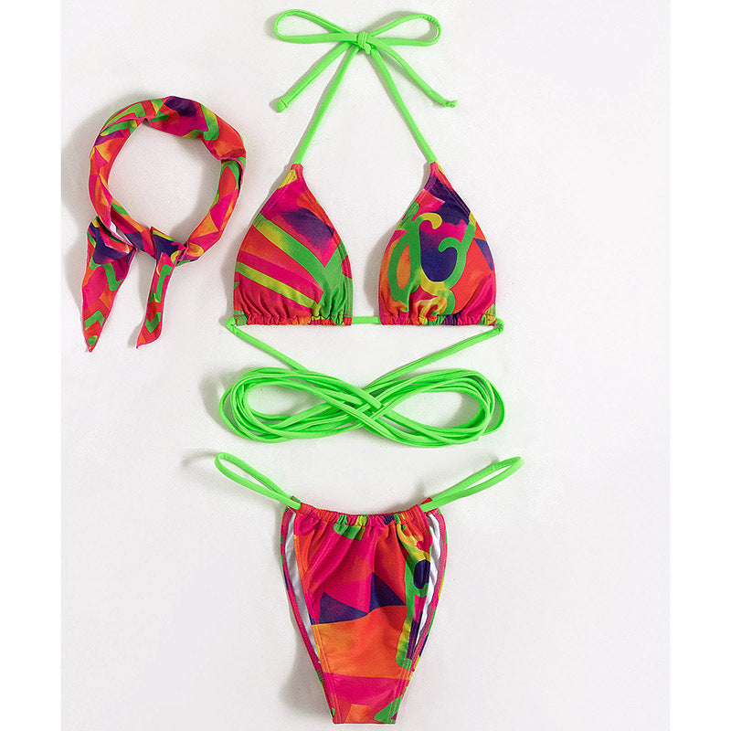 Women Swimsuit Split Swimsuit Lace up Sexy Print Random Headscarf Bikini