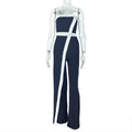 Casual Office Women Black White Color Contrast Patchwork Jumpsuit Slim Fit Diagonal Collar Backless Long Jumpsuit