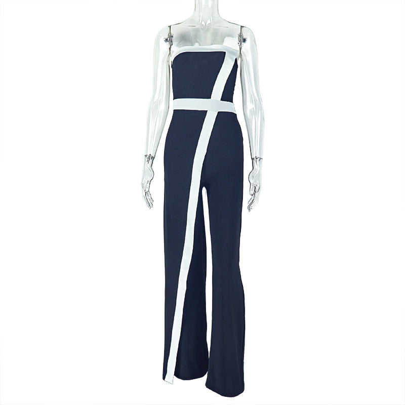 Casual Office Women Black White Color Contrast Patchwork Jumpsuit Slim Fit Diagonal Collar Backless Long Jumpsuit