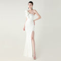 One Shoulder Craft Wave Floral Satin High Slit Sexy Evening Dress Dinner Party Wedding Social