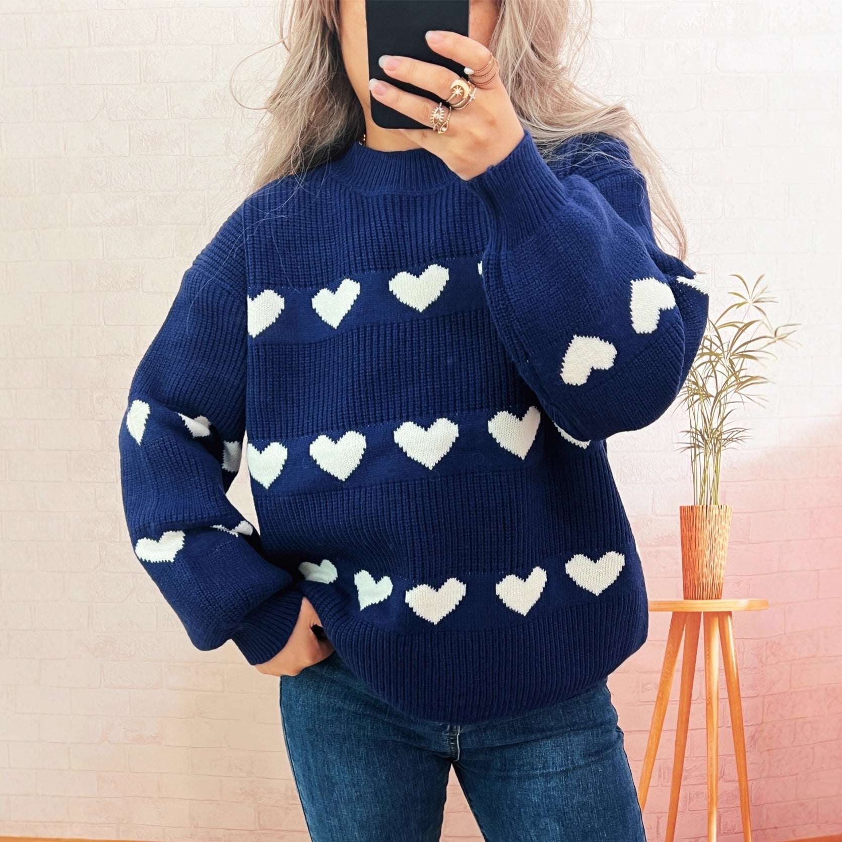 Autumn Winter Contrast Color Heart Knitted Top Crew Neck Casual Loose Warm Office Sweater for Women