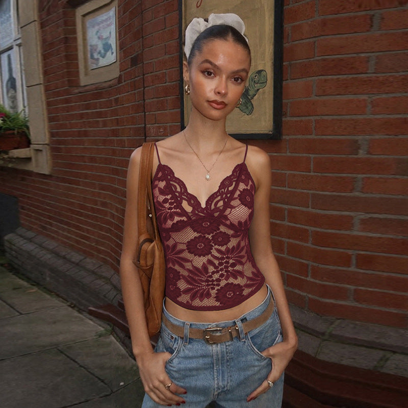 Women Clothing Sexy See through Lace Lace Spaghetti Strap Bandeau Slim Fit Deep V Plunge Vest
