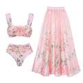 Floral Decorative Mesh Split Swimsuit Women High Waist Bikini Umbrella Skirt