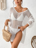 Women Clothing V neck Beach Cover up Hollow Out Cutout Side Slit Cool Long Sleeve Beach Dress