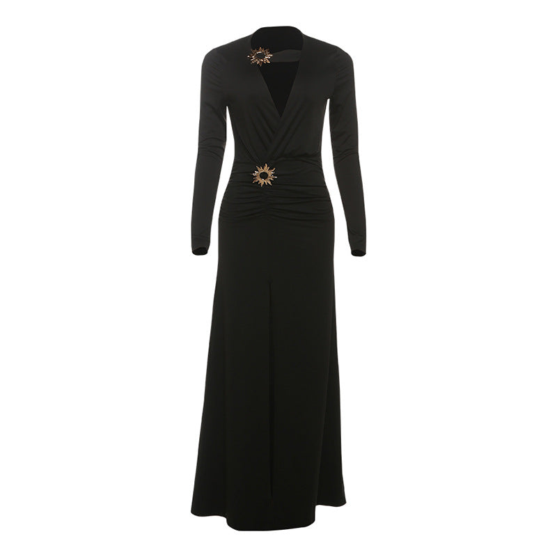 Fall Women Clothing Sexy Deep V Plunge neck Split Dress Solid Color Dress Women
