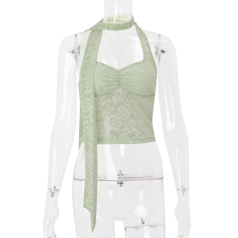 Women Clothing Summer Sexy Lace See through Decorative Ribbon Short Halterneck Vest Top