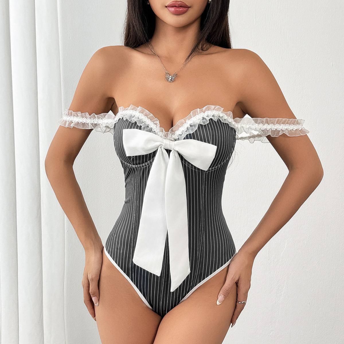 Women Striped Bow Suspenders Stitching Lace Slim Jumpsuit Women Clothing