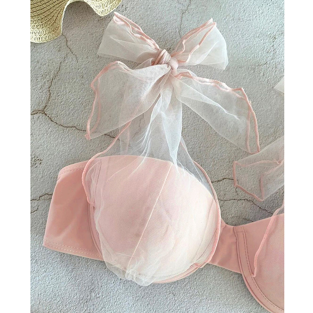 Solid Color Mesh Sling Split Swimsuit Female Bikini Sexy Fresh Backless
