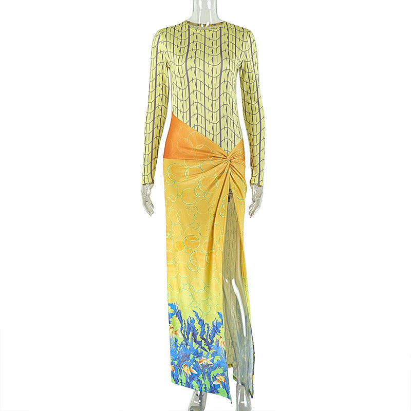 Stitching Women Printed Slim Fit Pleated Hip round Neck Long Sleeve Split Dress