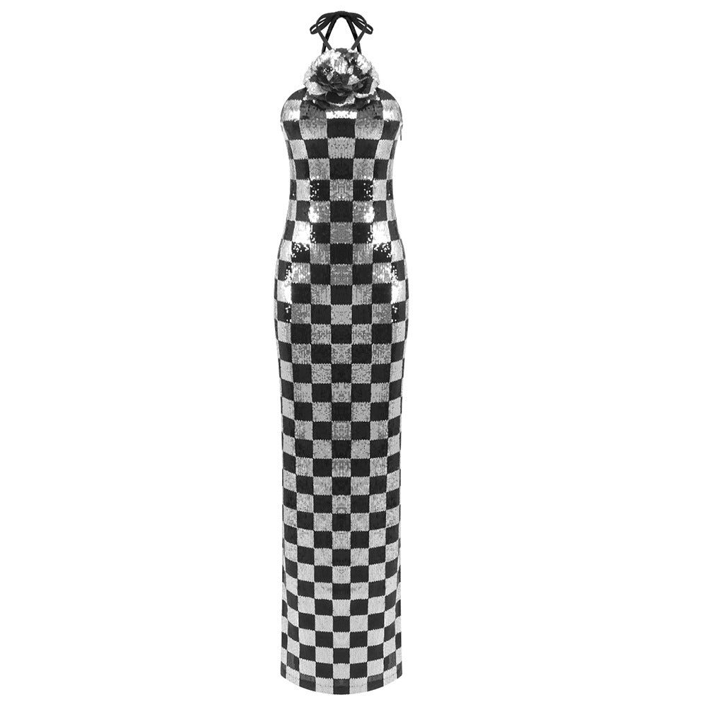 Spring Maxi Dress Women Black White Plaid Sequin Stitching Dress Halter Floral Dress