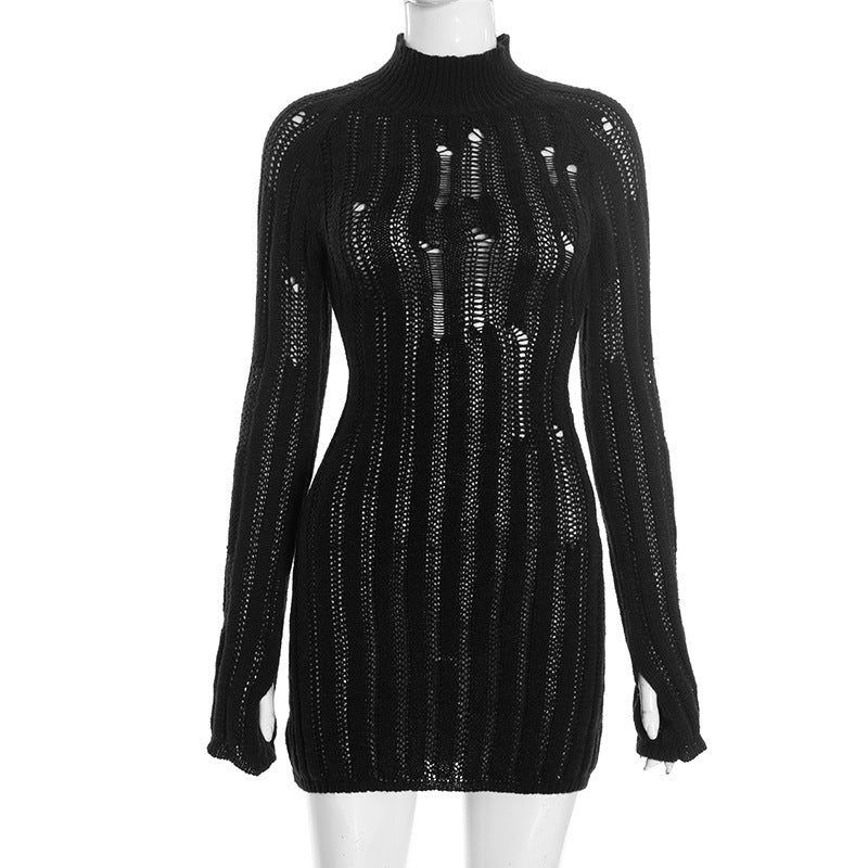 Women Clothing Winter Solid Color Tight Half Turtleneck Hollow Out Cutout out Long Sleeve Finger Fit Design Woolen Dress