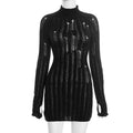 Women Clothing Winter Solid Color Tight Half Turtleneck Hollow Out Cutout out Long Sleeve Finger Fit Design Woolen Dress