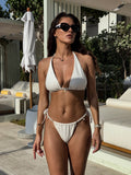 Women Split Solid Color Texture Pearl Lace up Sexy Bikini Swimsuit