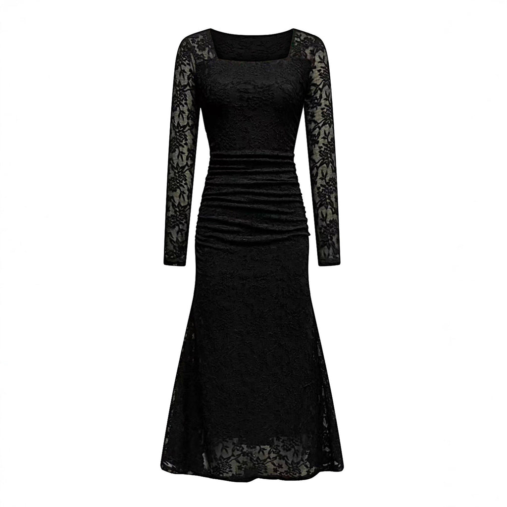 Autumn Winter Women Clothing Fashionable Elegant Lace Stitching Square Collar Slimming Pleated Maxi Dress