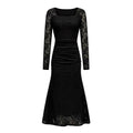 Autumn Winter Women Clothing Fashionable Elegant Lace Stitching Square Collar Slimming Pleated Maxi Dress