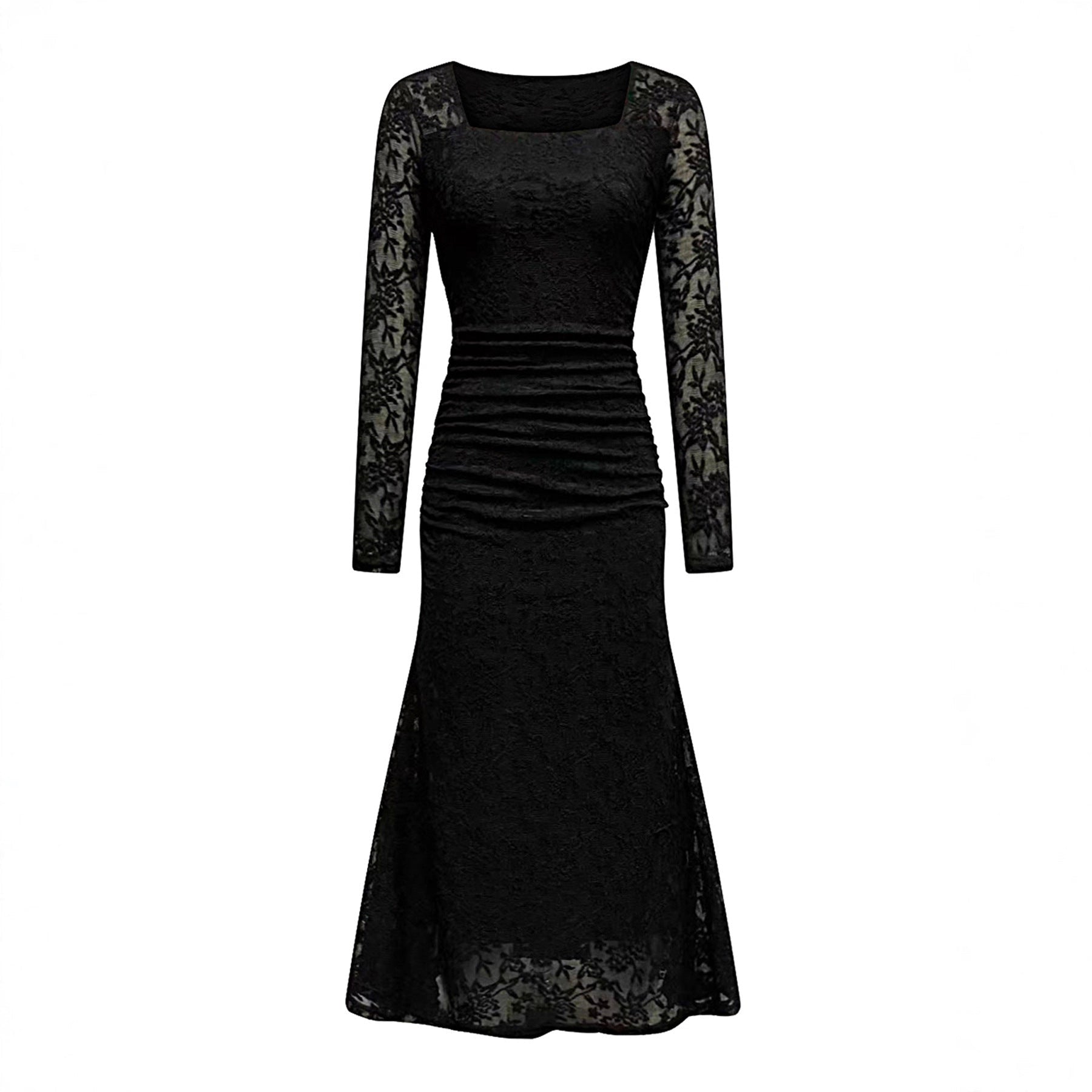 Autumn Winter Women Clothing Fashionable Elegant Lace Stitching Square Collar Slimming Pleated Maxi Dress
